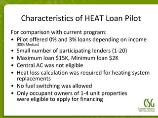 Characteristics of HEAT Loan Pilot
For comparison with current program:
• Pilot offered 0% and 3% loans depending on income
    (80% Median)
• Small number of participating lenders (1-20)
• Maximum loan $15K, Minimum loan $2K
• Central AC was not eligible
• Heat loss calculation was required for heating system
  replacements
• No fuel switching was allowed
• Only occupant owners of 1-4 unit properties
  were eligible to apply for financing
 