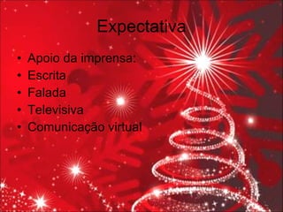 Expectativa Apoio da imprensa: Escrita Falada Televisiva Comunicação virtual 