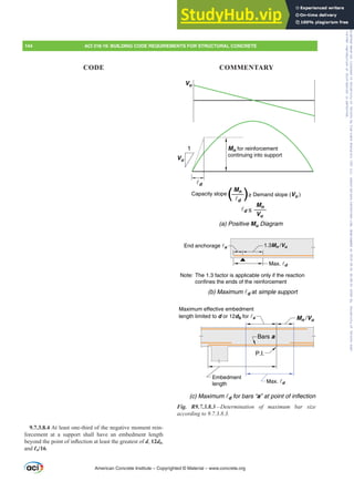 Vu
Mn for reinforcement
continuing into support
Vu
1
d
Max. d
1.3Mn /Vu
End anchorage a
Embedment
length Max. d
Mn /Vu
Maximum effective embedment
length limited to d or 12db for a
Note: The 1.3 factor is applicable only if the reaction
confines the ends of the reinforcement
Capacity slope
Mn
d
( )≥ Demand slope (Vu )
d
Mn
Vu
≤
(a) Positive Mu Diagram
(b) Maximum d at simple support
(c) Maximum d for bars “a” at point of inflection
Bars a
P.I.
Fig. R9.7.3.8.3²'HWHUPLQDWLRQ RI PD[LPXP EDU VL]H
DFFRUGLQJWR
9.7.3.8.4 At least one-third of the negative moment rein-
forcement at a support shall have an embedment length
EHRQGWKHSRLQWRILQÀHFWLRQDWOHDVWWKHJUHDWHVWRId, 12db,
and Ɛn/16.
American Concrete Institute – Copyrighted © Material – www.concrete.org
144 ACI 318-19: BUILDING CODE REQUIREMENTS FOR STRUCTURAL CONCRETE
CODE COMMENTARY
Frs|uljkwhg#pdwhuldo#olfhqvhg#wr#Xqlyhuvlw|#ri#Wrurqwr#e|#Fodulydwh#Dqdo|wlfv#+XV,#OOF/#vxevfulswlrqv1whfkvwuhhw1frp/#grzqordghg#rq#534038064#49=3;=64#.3333#e|##Xqlyhuvlw|#ri#Wrurqwr#Xvhu1
#Qr#ixuwkhu#uhsurgxfwlrq#ru#glvwulexwlrq#lv#shuplwwhg1
 