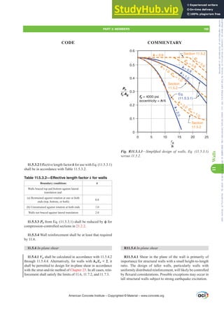 11.5.3.2(൵HFWLYHOHQJWKIDFWRUk for use with Eq. (11.5.3.1)
shall be in accordance with Table 11.5.3.2.
Table 11.5.3.2—Effective length factor k for walls
Boundary conditions k
Walls braced top and bottom against lateral
translation and:
(a) Restrained against rotation at one or both
ends (top, bottom, or both)
0.8
(b) Unrestrained against rotation at both ends 1.0
Walls not braced against lateral translation 2.0
11.5.3.3 Pn from Eq. (11.5.3.1) shall be reduced by ࢥ for
compression-controlled sections in 21.2.2.
11.5.3.4 Wall reinforcement shall be at least that required
by 11.6.
11.5.4 In-plane shear
11.5.4.1 Vn shall be calculated in accordance with 11.5.4.2
through 11.5.4.4. Alternatively, for walls with hw/Ɛw  2, it
shall be permitted to design for in-plane shear in accordance
with the strut-and-tie method of Chapter 23. In all cases, rein-
forcement shall satisfy the limits of 11.6, 11.7.2, and 11.7.3.
25
Pn
fc
′ Ag
lc
h
k = 0.8
C
m
=
0.6
C
m = 0.8
k = 0.8
k
=
1.0
Section
11.5.2
k
=
2
.
0
20
15
10
5
0
0.6
0
0.5
0.4
0.3
0.2
0.1
Section
11.5.2
k = 2.0
C
m = 1.0
fc
′ = 4000 psi
eccentricity = h/6
Eq.
(11.5.3.1)
k = 1.0
C
m = 1.0
Section 11.5.2
Fig. R11.5.3.1²6LPSOL¿HG GHVLJQ RI ZDOOV (T  
YHUVXV
R11.5.4 In-plane shear
R11.5.4.1 Shear in the plane of the wall is primarily of
importance for structural walls with a small height-to-length
ratio. The design of taller walls, particularly walls with
uniformly distributed reinforcement, will likely be controlled
EÀH[XUDOFRQVLGHUDWLRQV3RVVLEOHH[FHSWLRQVPDRFFXULQ
tall structural walls subject to strong earthquake excitation.
American Concrete Institute – Copyrighted © Material – www.concrete.org
PART 3: MEMBERS 169
CODE COMMENTARY
11
Walls
Frs|uljkwhg#pdwhuldo#olfhqvhg#wr#Xqlyhuvlw|#ri#Wrurqwr#e|#Fodulydwh#Dqdo|wlfv#+XV,#OOF/#vxevfulswlrqv1whfkvwuhhw1frp/#grzqordghg#rq#534038064#49=3;=64#.3333#e|##Xqlyhuvlw|#ri#Wrurqwr#Xvhu1
#Qr#ixuwkhu#uhsurgxfwlrq#ru#glvwulexwlrq#lv#shuplwwhg1
 