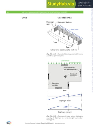 Diaphragm
span, 
Diaphragm depth, h
Lateral force
Lateral-force resisting wall at each end
δmax
δwall
Fig. R12.4.2.3a²([DPSOHRIGLDSKUDJPWKDWPLJKWQRWEH
considered rigid in its plane.
Plan
Diaphragm shear
Diaphragm moment
Diaphragm
boundary
Vertical element
and reaction force
Center of
resistance
Lateral load
Fig. R12.4.2.3b²'LDSKUDJPLQSODQHDFWLRQVREWDLQHGE
PRGHOLQJWKHGLDSKUDJPDVDKRUL]RQWDOULJLGEHDPRQÀH[-
ible supports.
American Concrete Institute – Copyrighted © Material – www.concrete.org
180 ACI 318-19: BUILDING CODE REQUIREMENTS FOR STRUCTURAL CONCRETE
CODE COMMENTARY
Frs|uljkwhg#pdwhuldo#olfhqvhg#wr#Xqlyhuvlw|#ri#Wrurqwr#e|#Fodulydwh#Dqdo|wlfv#+XV,#OOF/#vxevfulswlrqv1whfkvwuhhw1frp/#grzqordghg#rq#534038064#49=3;=64#.3333#e|##Xqlyhuvlw|#ri#Wrurqwr#Xvhu1
#Qr#ixuwkhu#uhsurgxfwlrq#ru#glvwulexwlrq#lv#shuplwwhg1
 