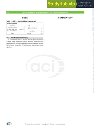Table 14.5.6.1—Nominal bearing strength
Relative geometric
conditions Bn
Supporting surface
is wider on all sides
than the loaded area
Lesser of:
2 1 1
  c
A A f A
′ (a)
2(0.85fcƍA1) (b)
Other 0.85fcƍA1 (c)
14.6—Reinforcement detailing
14.6.1 At least two No. 5 bars shall be provided around
window, door, and similarly sized openings. Such bars shall
extend at least 24 in. beyond the corners of openings or shall
be anchored to develop fy in tension at the corners of the
openings.
American Concrete Institute – Copyrighted © Material – www.concrete.org
210 ACI 318-19: BUILDING CODE REQUIREMENTS FOR STRUCTURAL CONCRETE
CODE COMMENTARY
Frs|uljkwhg#pdwhuldo#olfhqvhg#wr#Xqlyhuvlw|#ri#Wrurqwr#e|#Fodulydwh#Dqdo|wlfv#+XV,#OOF/#vxevfulswlrqv1whfkvwuhhw1frp/#grzqordghg#rq#534038064#49=3;=64#.3333#e|##Xqlyhuvlw|#ri#Wrurqwr#Xvhu1
#Qr#ixuwkhu#uhsurgxfwlrq#ru#glvwulexwlrq#lv#shuplwwhg1
 
