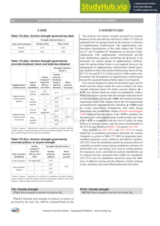Table 17.5.3(a)—Anchor strength governed by steel
Type of steel element
Strength reduction factor ࢥ
Tension (steel) Shear (steel)
Ductile 0.75 0.65
Brittle 0.65 0.60
Table 17.5.3(b)—Anchor strength governed by
concrete breakout, bond, and side-face blowout
Supplementary
reinforcement
Type of
anchor
installation
Anchor
Category[1]
from ACI
355.2 or
ACI 355.4
Strength reduction
factor ࢥ
Tension
(concrete
breakout,
bond, or
side-face
blowout)
Shear
(concrete
breakout)
Supplementary
reinforcement
present
Cast-in
anchors
Not
applicable
0.75
0.75
Post-
installed
anchors
1 0.75
2 0.65
3 0.55
Supplementary
reinforcement
not present
Cast-in
Anchors
Not
applicable
0.70
0.70
Post-
installed
anchors
1 0.65
2 0.55
3 0.45
[1]
Anchor Category 1 indicates low sensitivity to installation and high reliability;
Anchor Category 2 indicates medium sensitivity and medium reliability; Anchor Cate-
gory 3 indicates high sensitivity and lower reliability.
Table 17.5.3(c)—Anchor strength governed by
concrete pullout, or pryout strength
Type of anchor
installation
Anchor
Category[1]
from ACI
355.2 or ACI
355.4
Strength reduction factor ࢥ
Tension
(concrete
pullout)
Shear
(concrete
pryout)
Cast-in anchors Not applicable 0.70
0.70
Post-installed
anchors
1 0.65
2 0.55
3 0.45
[1]
Anchor Category 1 indicates low sensitivity to installation and high reliability;
Anchor Category 2 indicates medium sensitivity and medium reliability; and Anchor
Category 3 indicates high sensitivity and lower reliability.
17.6—Tensile strength
17.6.1 Steel strength of anchors in tension, Nsa
17.6.1.1 Nominal steel strength of anchors in tension as
governed by the steel, Nsa, shall be evaluated based on the
7KHࢥIDFWRUVIRUDQFKRUVWUHQJWKJRYHUQHGEFRQFUHWH
breakout, bond, and side-face blowout in Table 17.5.3(b) are
separated into two groups based on the presence or absence
of supplementary reinforcement. The supplementary rein-
IRUFHPHQWFODVVL¿FDWLRQVRIWKLVWDEOHUHSODFHWKH³RQGL-
tion A” and “Condition B” designations in previous Codes.
Applications with supplementary reinforcement provide
more deformation capacity, permitting the ࢥ-factors to be
increased. An explicit design of supplementary reinforce-
ment for anchor-related forces is not required; however, the
arrangement of supplementary reinforcement should gener-
ally conform to that of the anchor reinforcement shown in Fig.
R17.5.2.1(a) and R17.5.2.1(b)(i) and (ii). Unlike anchor rein-
forcement, full development of supplementary reinforcement
beyond the assumed breakout failure plane is not required.
For concrete breakout in shear for all anchor types and for
brittle concrete failure modes for cast-in anchors, the basic
strength reduction factor for brittle concrete failures (ࢥ 
0.70) was chosen based on results of probabilistic studies.
While this factor is greater than the strength reduction factor
of structural plain concrete (ࢥ ), the nominal resistance
expressions used in this chapter and in the test requirements
are based on the 5 percent fractiles; therefore, ࢥ  would
be overly conservative. Comparison with other design
procedures and probabilistic studies (Farrow and Klingner
1995) indicated that the choice of ࢥ LVMXVWL¿HG)RU
the same cases with supplementary reinforcement, the value
of ࢥ  is compatible with the level of safety for shear
failures in concrete beams, and has been recommended in
the PCI Design Handbook (MNL 120) and by ACI 349.
Tests included in ACI 355.2 and ACI 355.4 to assess
sensitivity to installation procedures determine the Anchor
Categories as given in Table 17.5.3(b) for proprietary post-
installed expansion, screw, undercut, and adhesive anchors.
$,WHVWVIRULQVWDOODWLRQVHQVLWLYLWPHDVXUHH൵HFWVRI
variability in anchor torque during installation, tolerance on
drilled hole size, and energy level used in setting anchors;
for expansion, screw, and undercut anchors intended for use
in cracked concrete, increased crack widths are considered.
$,WHVWVIRULQVWDOODWLRQVHQVLWLYLWDVVHVVWKHLQÀX-
HQFHRIDGKHVLYHPL[LQJDQGWKHLQÀXHQFHRIKROHFOHDQLQJ
LQGUVDWXUDWHGDQGZDWHU¿OOHGXQGHUZDWHUERUHKROHV
R17.6—Tensile strength
R17.6.1 Steel strength of anchors in tension, Nsa
American Concrete Institute – Copyrighted © Material – www.concrete.org
246 ACI 318-19: BUILDING CODE REQUIREMENTS FOR STRUCTURAL CONCRETE
CODE COMMENTARY
Frs|uljkwhg#pdwhuldo#olfhqvhg#wr#Xqlyhuvlw|#ri#Wrurqwr#e|#Fodulydwh#Dqdo|wlfv#+XV,#OOF/#vxevfulswlrqv1whfkvwuhhw1frp/#grzqordghg#rq#534038064#49=3;=64#.3333#e|##Xqlyhuvlw|#ri#Wrurqwr#Xvhu1
#Qr#ixuwkhu#uhsurgxfwlrq#ru#glvwulexwlrq#lv#shuplwwhg1
 