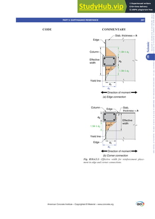 c2
c2
Effective
width
Effective
width
c1
ct
1.5h ≤ ct
c1
ct
1.5h ≤ ct
1.5h ≤ ct
Edge
Edge
Edge
Slab, thickness = h
Slab,
thickness = h
≤ 45°
≤ 45°
Direction of moment
(a) Edge connection
Direction of moment
(b) Corner connection
Yield line
Yield line
Column
Column
Fig. R18.4.5.1²(ৼHFWLYH ZLGWK IRU UHLQIRUFHPHQW SODFH-
PHQWLQHGJHDQGFRUQHUFRQQHFWLRQV
American Concrete Institute – Copyrighted © Material – www.concrete.org
PART 5: EARTHQUAKE RESISTANCE 297
CODE COMMENTARY
18
Seismic
Frs|uljkwhg#pdwhuldo#olfhqvhg#wr#Xqlyhuvlw|#ri#Wrurqwr#e|#Fodulydwh#Dqdo|wlfv#+XV,#OOF/#vxevfulswlrqv1whfkvwuhhw1frp/#grzqordghg#rq#534038064#49=3;=64#.3333#e|##Xqlyhuvlw|#ri#Wrurqwr#Xvhu1
#Qr#ixuwkhu#uhsurgxfwlrq#ru#glvwulexwlrq#lv#shuplwwhg1
 