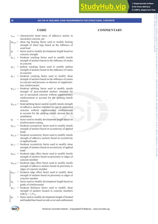 Ĳuncr = characteristic bond stress of adhesive anchor in
uncracked concrete, psi
ȥbrg,sl = shear lug bearing factor used to modify bearing
VWUHQJWK RI VKHDU OXJV EDVHG RQ WKH LQÀXHQFH RI
axial load
ȥc = factor used to modify development length based on
concrete strength
ȥc,N = breakout cracking factor used to modify tensile
VWUHQJWKRIDQFKRUVEDVHGRQWKHLQÀXHQFHRIFUDFNV
in concrete
ȥc,P = pullout cracking factor used to modify pullout
VWUHQJWKRIDQFKRUVEDVHGRQWKHLQÀXHQFHRIFUDFNV
in concrete
ȥc,V = breakout cracking factor used to modify shear
VWUHQJWKRIDQFKRUVEDVHGRQWKHLQÀXHQFHRIFUDFNV
in concrete and presence or absence of supplemen-
tary reinforcement
ȥcp,N = breakout splitting factor used to modify tensile
strength of post-installed anchors intended for
use in uncracked concrete without supplementary
reinforcement to account for the splitting tensile
stresses
ȥcp,Na = bond splitting factor used to modify tensile strength
of adhesive anchors intended for use in uncracked
concrete without supplementary reinforcement
to account for the splitting tensile stresses due to
installation
ȥe = factor used to modify development length based on
reinforcement coating
ȥec,N = breakout eccentricity factor used to modify tensile
strength of anchors based on eccentricity of applied
loads
ȥec,Na = breakout eccentricity factor used to modify tensile
strength of adhesive anchors based on eccentricity
of applied loads
ȥec,V = breakout eccentricity factor used to modify shear
strength of anchors based on eccentricity of applied
loads
ȥed,N EUHDNRXWHGJHH൵HFWIDFWRUXVHGWRPRGLIWHQVLOH
strength of anchors based on proximity to edges of
concrete member
ȥed,Na EUHDNRXWHGJHH൵HFWIDFWRUXVHGWRPRGLIWHQVLOH
strength of adhesive anchors based on proximity to
edges of concrete member
ȥed,V EUHDNRXW HGJH H൵HFW IDFWRU XVHG WR PRGLI VKHDU
strength of anchors based on proximity to edges of
concrete member
ȥg = factor used to modify development length based on
grade of reinforcement
ȥh,V = breakout thickness factor used to modify shear
strength of anchors located in concrete members
with ha  1.5ca1
ȥo = factor used to modify development length of hooked
DQGKHDGHGEDUVEDVHGRQVLGHFRYHUDQGFRQ¿QHPHQW
American Concrete Institute – Copyrighted © Material – www.concrete.org
ed for
t supplementary
r the spli
d to
ten
pp
itt
eve
r use in uncra
ntary reinforce
ensile stresses d
ment length bas
d
ent
e to
on
30 ACI 318-19: BUILDING CODE REQUIREMENTS FOR STRUCTURAL CONCRETE
CODE COMMENTARY
Frs|uljkwhg#pdwhuldo#olfhqvhg#wr#Xqlyhuvlw|#ri#Wrurqwr#e|#Fodulydwh#Dqdo|wlfv#+XV,#OOF/#vxevfulswlrqv1whfkvwuhhw1frp/#grzqordghg#rq#534038064#49=3;=64#.3333#e|##Xqlyhuvlw|#ri#Wrurqwr#Xvhu1
#Qr#ixuwkhu#uhsurgxfwlrq#ru#glvwulexwlrq#lv#shuplwwhg1
 
