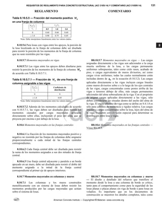 REQUISITOS DE REGLAMENTO PARA CONCRETO ESTRUCTURAL (ACI 318S-14) Y COMENTARIO (ACI 318SR-14) 131
REGLAMENTO COMENTARIO
American Concrete Institute — Copyrighted © Material—www.concrete.org
8
Tabla 8.10.5.5 — Fracción del momento positivo u
M
en una franja de columna
1 2
1
f

 
 
 


2 1
 
0.5 1.0 2.0
0 0.60 0.60 0.60
≥ 1.0 0.90 0.75 0.45
Nota: Debe interpolarse linealmente entre los valores dados.
8.10.5.6 Para losas con vigas entre los apoyos, la porción de
la losa localizada en la franja de columnas debe ser diseñada
para resistir la porción de los momentos de la franja de columna
que no sean resistidos por las vigas.
8.10.5.7 Momentos mayorados en vigas
8.10.5.7.1 Las vigas entre los apoyos deben diseñarse para
resistir la porción de los momentos de la franja de columna u
M
de acuerdo con Tabla 8.10.5.7.1.
Tabla 8.10.5.7.1 — Fracción de u
M de una franja de
columna asignable a las vigas
1 2
1
f

 
 
 


Coeficiente de
distribución
0 0
≥ 1.0 0.85
Nota: Debe interpolarse linealmente entre los valores dados.
8.10.5.7.2 Además de los momentos calculados de acuerdo
con 8.10.5.7.1, las vigas deben ser diseñadas para resistir los
momentos causados por cargas mayoradas aplicadas
directamente sobre ellas, incluyendo el peso del alma que se
proyecta por encima o por debajo de la losa.
R8.10.5.7 Momentos mayorados en vigas — Las cargas
asignadas directamente a las vigas son adicionales a la carga
muerta uniforme de la losa, a las cargas permanente
uniformes sobrepuestas, tales como cielo rasos, acabado de
piso, o cargas equivalentes de muros divisorios, así como
cargas vivas uniformes; todas las cuales normalmente están
incluidas dentro de u
q en la ecuación (8.10.3.2). Las cargas
aplicadas directamente a las vigas incluyen cargas lineales
como muros divisorios sobre o a lo largo de los ejes centrales
de las vigas, cargas concentradas como postes arriba de las
vigas o tensores debajo de ellas, más cargas permanentes
adicionales del alma sobresaliente de la viga. Con el propósito
de asignar cargas aplicadas directamente a las vigas, sólo
deben considerarse las situadas dentro del ancho del alma de
la viga. El ancho efectivo de viga como se define en 8.4.1.8 es
sólo para cálculos de resistencia y rigidez relativa. Las cargas
lineales y cargas concentradas sobre la losa, lejos del alma de
la viga, requieren consideración especial para determinar su
distribución entre losa y vigas.
8.10.6 Momentos mayorados en las franjas centrales R8.10.6 Momentos mayorados en las franjas centrales —
Véase R8.10.5.
8.10.6.1 La fracción de los momentos mayorados positivo y
negativo no resistida por las franjas de columnas debe asignarse
proporcionalmente a cada mitad de las franjas centrales
correspondientes.
8.10.6.2 Cada franja central debe ser diseñada para resistir
la suma de los momentos asignados a sus dos mitades de franja
central.
8.10.6.3 Una franja central adyacente y paralela a un borde
apoyado en un muro, debe ser diseñada para resistir el doble del
momento asignado a la mitad de la franja central
correspondiente al primer eje de apoyos interiores.
8.10.7 Momentos mayorados en columnas y muros
8.10.7.1 Las columnas y los muros construidos
monolíticamente con un sistema de losas deben resistir los
momentos producidos por las cargas mayoradas que actúan
sobre el sistema de losas.
R8.10.7 Momentos mayorados en columnas y muros
— El diseño y detallado del refuerzo que transfiere el
momento desde la losa a una columna de borde es crítico,
tanto para el comportamiento como para la seguridad de las
losas planas o placas planas sin viga de borde o para losas en
voladizo. Es importante que en los documentos de
construcción se muestren los detalles completos, tales como
--`````,`,,`,,`,`,`,,``,`,,,`,,-`-`,,`,,`,`,,`---
 