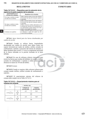 172 REQUISITOS DE REGLAMENTO PARA CONCRETO ESTRUCTURAL (ACI 318S-14) Y COMENTARIO (ACI 318SR-14)
REGLAMENTO COMENTARIO
American Concrete Institute — Copyrighted © Material—www.concrete.org
10
Tabla 10.7.6.3.2 — Requisitos para la extensión de la
espiral en la parte superior de la columna
Aporticamiento en el
extremo de la columna
Requisitos de la extensión
Con vigas o cartelas en todos
los lados de la columna
Debe colocarse hasta el nivel del refuerzo
horizontal más bajo del elemento superior
soportado.
Sin vigas o cartelas en todos
los lados de la columna
Debe colocarse hasta el nivel del refuerzo
horizontal más bajo del elemento superior
soportado.
Deben colocarse estribos adicionales en la
columna por encima de la terminación de
la espiral hasta la parte inferior de la losa,
ábaco o descolgado de cortante.
Columnas con capiteles
Deben colocarse hasta un nivel en el cual
el diámetro o ancho del capitel sea dos
veces el de la columna.
10.7.6.4. Apoyo lateral para las barras desalineadas por
cambio de sección
10.7.6.4.1 Cuando se utilicen barras longitudinales
desalineadas por cambio de sección éstas deben contar con
soporte horizontal por medio de estribos, estribos cerrados de
confinamiento, espirales o porciones del sistema de entrepiso, y
deben diseñarse para resistir 1.5 veces la componente horizontal
de la fuerza calculada en la porción inclinada de la barra
doblada.
10.7.6.4.2 En caso de utilizarse refuerzo transversal para
resistir las fuerzas que resultan del doblado, los estribos, estribos
cerrados de confinamiento o espirales se deben colocar a una
distancia no menor de 150 mm del doblez.
10.7.6.5 Cortante
10.7.6.5.1 Cuando se requiera, debe colocarse refuerzo para
cortante usando estribos, estribos cerrados de confinamiento o
espirales.
10.7.6.5.2 El espaciamiento máximo del refuerzo de
cortante debe cumplir con la Tabla 10.7.6.5.2.
Tabla 10.7.6.5.2 — Espaciamiento máximo para el
refuerzo de cortante
s
V
s máximo, mm
Columna no
preesforzada
Columna
preesforzada
'
0.33 c w
f b d

El
menor
de:
2
d 3 4
h
600
'
0.33 c w
f b d

El
menor
de:
4
d 3 8
h
300
--`````,`,,`,,`,`,`,,``,`,,,`,,-`-`,,`,,`,`,,`
 