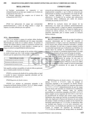 234 REQUISITOS DE REGLAMENTO PARA CONCRETO ESTRUCTURAL (ACI 318S-14) Y COMENTARIO (ACI 318SR-14)
REGLAMENTO COMENTARIO
American Concrete Institute — Copyrighted © Material—www.concrete.org
17
(c) Anclajes postinstalados de expansión y con
sobreperforación en su base que cumplen con el criterio de
evaluación de ACI 355.2, y
(d) Anclajes adheridos que cumplen con el criterio de
evaluación de ACI 355.4.
extracción por deslizamiento tiene unas características carga-
desplazamiento aceptables o que la falla de extracción por
deslizamiento se produce con posteridad a otro modo de falla.
Para anclajes adheridos el esfuerzo característico de
adherencia y la bondad de los anclajes para aplicaciones
estructurales deben establecerse por medio de ensayos
realizados de acuerdo con ACI 355.4.
17.1.4 Las aplicaciones de cargas que correspondan
predominantemente a ciclos de fatiga fuertes o cargas de
impacto, no están cubiertas por este capítulo.
R17.1.4 La exclusión dentro del alcance de las
aplicaciones con cargas que producen predominantemente
ciclos de fatiga fuertes o cargas de impacto extremadamente
cortas (como ondas de explosión o choque) no implica que se
excluyan los efectos sísmicos. En 17.2.3 se presentan los
requisitos adicionales para el diseño cuando se incluyen
fuerzas sísmicas.
17.2 — Generalidades R17.2 — Generalidades
17.2 1 Los anclajes y grupos de anclajes deben diseñarse
para los efectos críticos producidos por las cargas mayoradas
determinadas por medio de un análisis elástico. Se permite el
enfoque del análisis plástico cuando la resistencia nominal está
controlada por elementos de acero dúctiles y siempre que se
tenga en cuenta la compatibilidad de deformaciones.
17.2.1.1 Los efectos de grupo en los anclajes deben tenerse
en cuenta siempre que dos o más anclajes tengan separaciones
menores que las separaciones críticas dadas a continuación:
Modo de falla que se estudia Separación crítica
Arrancamiento de concreto en tracción 3 ef
h
Resistencia de adherencia en tracción 2 Na
c
Arrancamiento de concreto en corte 1
3 a
c
Solo aquellos anclajes susceptibles al modo de falla en particular
que se estudia pueden incluirse en el grupo.
R17.2.1 Cuando la resistencia de un grupo de anclajes se
encuentra determinada por la rotura del concreto, el
comportamiento es frágil y existe una redistribución limitada
de las fuerzas entre anclajes altamente solicitados y anclajes
menos solicitados. En este caso, se requiere emplear la teoría
de elasticidad suponiendo que el aditamento que distribuye las
fuerzas hacia los anclajes es suficientemente rígido. Las
fuerzas en los anclajes se consideran proporcionales a la carga
externa y a su distancia del eje neutro del grupo de anclajes.
Si la resistencia del anclaje es controlada por la fluencia
dúctil del acero del anclaje, puede ocurrir una redistribución
significativa de las fuerzas de anclaje. En este caso, es
conservador utilizar un análisis basado en la teoría de la
elasticidad. Cook and Klingner (1992a,b) y Lotze et al. (2001)
se discute el análisis no lineal, usando la teoría de plasticidad
para determinar la resistencia de un grupo de anclajes
dúctiles.
17.2.2 La resistencia de diseño de los anclajes debe ser igual
o exceder la mayor resistencia requerida calculada con las
combinaciones de cargas de 5.3.
17.2.3 Requisitos de diseño sísmico
17.2.3.1 Los anclajes en estructuras asignadas a las
Categorías de Diseño Sísmico (CDS) C, D, E o F, deben cumplir
los requisitos adicionales de 17.2.3.2 a 17.2.3.7.
R17.2.3 Requisitos de diseño sísmico —A menos que se
aplique 17.2.3.4.1 ó 17.2.3.5.1, todos los anclajes en
estructuras asignadas a las Categorías de Diseño Sísmico
(CDS) C, D, E o F deben satisfacer los requisitos adicionales
de 17.2.3.1 a 17.2.3.7 independientemente de que las cargas
sísmicas hayan sido incluidas en el diseño de la combinación
de carga del anclaje. Además, todos los anclajes
postinstalados en estructuras asignadas a las CDS C, D, E o F
deben cumplir con los requisitos del ACI 355.2 ó ACI 355.4
de precalificación de anclajes para resistir cargas sísmicas.
Idealmente, para cargas por tracción, la resistencia del anclaje
debe estar regida por la fluencia del elemento de acero dúctil
del anclaje. Cuando el anclaje no cumple con los requisitos de
ductilidad especificados en 17.2.3.4.3(a), el aditamento debe
ser diseñado para fluencia si es de acero estructural o de
calibre liviano, o ser diseñado para aplastarse si es de madera.
Cuando se cumplen los requisitos de ductilidad de
17.2.3.4.3(a) los aditamentos del anclaje deben ser diseñados
--`````,`,,`,,`,`,`,,``,`,,,`,,-`-`,,`,,`,`,,`---
 