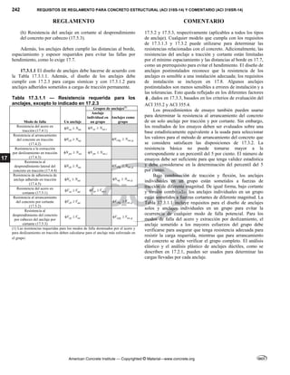 242 REQUISITOS DE REGLAMENTO PARA CONCRETO ESTRUCTURAL (ACI 318S-14) Y COMENTARIO (ACI 318SR-14)
REGLAMENTO COMENTARIO
American Concrete Institute — Copyrighted © Material—www.concrete.org
17
(h) Resistencia del anclaje en cortante al desprendimiento
del concreto por cabeceo (17.5.3).
Además, los anclajes deben cumplir las distancias al borde,
espaciamiento y espesor requeridos para evitar las fallas por
hendimiento, como lo exige 17.7.
17.3.1.1 El diseño de anclajes debe hacerse de acuerdo con
la Tabla 17.3.1.1. Además, el diseño de los anclajes debe
cumplir con 17.2.3 para cargas sísmicas y con 17.3.1.2 para
anclajes adheridos sometidos a cargas de tracción permanente.
Tabla 17.3.1.1 — Resistencia requerida para los
anclajes, excepto lo indicado en 17.2.3
Modo de falla Un anclaje
Grupos de anclajes(1)
Anclaje
individual en
un grupo
Anclajes como
grupo
Resistencia del acero en
tracción (17.4.1) sa ua
N N
  ,
sa ua i
N N
 
Resistencia al arrancamiento
del concreto en tracción
(17.4.2)
cb ua
N N
  ,
cbg ua g
N N
 
Resistencia a la extracción
por deslizamiento en tracción
(17.4.3)
pn ua
N N
  ,
pn ua i
N N
 
Resistencia al
desprendimiento lateral del
concreto en tracción (17.4.4)
sb ua
N N
  ,
sbg ua g
N N
 
Resistencia de adherencia de
anclaje adherido en tracción
(17.4.5)
a ua
N N
  ,
ag ua g
N N
 
Resistencia del acero en
cortante (17.5.1) sa ua
V V
  ,
sa ua i
V V
 
Resistencia al arrancamiento
del concreto por cortante
(17.5.2)
cb ua
V V
  ,
cbg ua g
V V
 
Resistencia al
desprendimiento del concreto
por cabeceo del anclaje por
cortante (17.5.3)
cp ua
V V
  ,
cpg ua g
V V
 
(1) Las resistencias requeridas para los modos de falla dominados por el acero y
para deslizamiento en tracción deben calcularse para el anclaje más esforzado en
el grupo.
17.5.2 y 17.5.3, respectivamente (aplicables a todos los tipos
de anclaje). Cualquier modelo que cumpla con los requisitos
de 17.3.1.3 y 17.3.2 puede utilizarse para determinar las
resistencias relacionadas con el concreto. Adicionalmente, las
resistencias del anclaje a tracción y cortante están limitadas
por el mínimo espaciamiento y las distancias al borde en 17.7,
como un prerrequisito para evitar el hendimiento. El diseño de
anclajes postinstalados reconoce que la resistencia de los
anclajes es sensible a una instalación adecuada; los requisitos
de instalación se incluyen en 17.8. Algunos anclajes
postinstalados son menos sensibles a errores de instalación y a
las tolerancias. Esto queda reflejado en los diferentes factores
 , dados en 17.3.3, basados en los criterios de evaluación del
ACI 355.2 y ACI 355.4.
Los procedimientos de ensayo también pueden usarse
para determinar la resistencia al arrancamiento del concreto
de un solo anclaje por tracción y por cortante. Sin embargo,
los resultados de los ensayos deben ser evaluados sobre una
base estadísticamente equivalente a la usada para seleccionar
los valores para el método de arrancamiento del concreto que
se considera satisfacen las disposiciones de 17.3.2. La
resistencia básica no puede tomarse mayor a la
correspondiente a un percentil del 5 por ciento. El número de
ensayos debe ser suficiente para que tenga validez estadística
y debe considerarse en la determinación del percentil del 5
por ciento.
Bajo combinación de tracción y flexión, los anclajes
individuales en un grupo están sometidos a fuerzas de
tracción de diferente magnitud. De igual forma, bajo cortante
y torsión combinadas los anclajes individuales en un grupo
están sometidos a fuerzas cortantes de diferente magnitud. La
Tabla 17.3.1.1 incluye requisitos para el diseño de anclajes
solos y anclajes individuales en un grupo para evitar la
ocurrencia de cualquier modo de falla potencial. Para los
modos de falla del acero y extracción por deslizamiento, el
anclaje sometido a los mayores esfuerzos del grupo debe
verificarse para asegurar que tenga resistencia adecuada para
resistir la carga requerida, mientras que para arrancamiento
del concreto se debe verificar el grupo completo. El análisis
elástico y el análisis plástico de anclajes dúctiles, como se
describen en 17.2.1, pueden ser usados para determinar las
cargas llevadas por cada anclaje.
--`````,`,,`,,`,`,`,,``,`,,,`,,-`-`,,`,,`,`,,`---
 