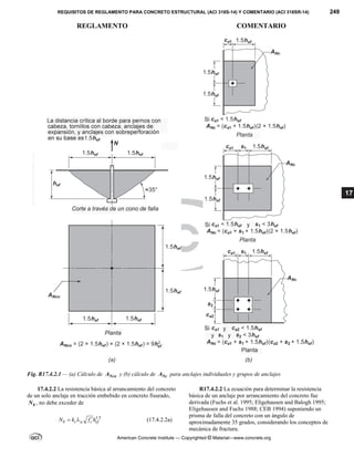 REQUISITOS DE REGLAMENTO PARA CONCRETO ESTRUCTURAL (ACI 318S-14) Y COMENTARIO (ACI 318SR-14) 249
REGLAMENTO COMENTARIO
American Concrete Institute — Copyrighted © Material—www.concrete.org
17
Fig. R17.4.2.1 — (a) Cálculo de Nco
A y (b) cálculo de Nc
A para anclajes individuales y grupos de anclajes
17.4.2.2 La resistencia básica al arrancamiento del concreto
de un solo anclaje en tracción embebido en concreto fisurado,
b
N , no debe exceder de
1.5
b c a c ef
N k f h

  (17.4.2.2a)
R17.4.2.2 La ecuación para determinar la resistencia
básica de un anclaje por arrancamiento del concreto fue
derivada (Fuchs et al. 1995; Eligehausen and Balogh 1995;
Eligehausen and Fuchs 1988; CEB 1994) suponiendo un
prisma de falla del concreto con un ángulo de
aproximadamente 35 grados, considerando los conceptos de
mecánica de fractura.
--`````,`,,`,,`,`,`,,``,`,,,`,,-`-`,,`,,`,`,,`---
 