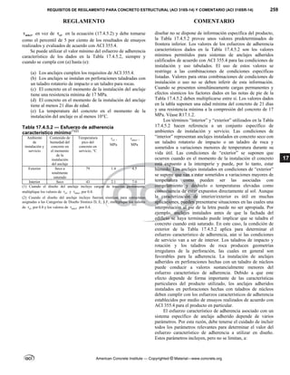 REQUISITOS DE REGLAMENTO PARA CONCRETO ESTRUCTURAL (ACI 318S-14) Y COMENTARIO (ACI 318SR-14) 259
REGLAMENTO COMENTARIO
American Concrete Institute — Copyrighted © Material—www.concrete.org
17
uncr
 en vez de cr
 en la ecuación (17.4.5.2) y debe tomarse
como el percentil de 5 por ciento de los resultados de ensayos
realizados y evaluados de acuerdo con ACI 355.4.
Se puede utilizar el valor mínimo del esfuerzo de adherencia
característico de los dados en la Tabla 17.4.5.2, siempre y
cuando se cumpla con (a) hasta (e):
(a) Los anclajes cumplen los requisitos de ACI 355.4.
(b) Los anclajes se instalan en perforaciones taladradas con
un taladro rotatorio de impacto o un taladro para rocas.
(c) El concreto en el momento de la instalación del anclaje
tiene una resistencia mínima de 17 MPa.
(d) El concreto en el momento de la instalación del anclaje
tiene al menos 21 días de edad.
(e) La temperatura del concreto en el momento de la
instalación del anclaje es al menos 10°C.
Tabla 17.4.5.2 — Esfuerzo de adherencia
característico mínimo(1)(2)
Ambiente
de
instalación y
servicio
Contenido de
humedad del
concreto en
el momento
de la
instalación
del anclaje
Temperatura
pico del
concreto en
servicio, °C
cr
 ,
MPa
uncr
 ,
MPa
Exterior Seco a
totalmente
saturado
79 1.4 4.5
Interior Seco 43 2.1 7.0
(1) Cuando el diseño del anclaje incluye cargas de tracción permanente,
multiplique los valores de cr
 y uncr
 por 0.4.
(2) Cuando el diseño del anclaje incluye fuerzas sísmicas para estructuras
asignadas a las Categorías de Diseño Sísmico D, E, y F, multiplique los valores
de cr
 por 0.8 y los valores de uncr
 por 0.4.
diseñar no se dispone de información específica del producto,
la Tabla 17.4.5.2 provee unos valores predeterminados de
frontera inferior. Los valores de los esfuerzos de adherencia
característicos dados en la Tabla 17.4.5.2 son los valores
mínimos permitidos para sistemas de anclajes adheridos
calificados de acuerdo con ACI 355.4 para las condiciones de
instalación y uso tabulados. El uso de estos valores se
restringe a las combinaciones de condiciones específicas
listadas. Valores para otras combinaciones de condiciones de
instalación o uso no se deben inferir de esta información.
Cuando se presenten simultáneamente cargas permanentes y
efectos sísmicos los factores dados en las notas de pie de la
Tabla 17.4.5.2 deben multiplicarse entre sí. Los valores dados
en la tabla suponen una edad mínima del concreto de 21 días
y una resistencia mínima a la compresión del concreto de 17
MPa. Véase R17.1.2.
Los términos “interior” y “exterior” utilizados en la Tabla
17.4.5.2 hacen referencia a un conjunto específico de
ambientes de instalación y servicio. Las condiciones de
“interior” representan anclajes instalados en concreto seco con
un taladro rotatorio de impacto o un taladro de roca y
sometidos a variaciones menores de temperatura durante su
vida útil. Las condiciones de “exterior” se suponen que
ocurren cuando en el momento de la instalación el concreto
está expuesto a la intemperie y puede, por lo tanto, estar
húmedo. Los anclajes instalados en condiciones de “exterior”
se supone que van a estar sometidos a variaciones mayores de
temperatura como pueden ser las asociadas con
congelamiento y deshielo o temperaturas elevadas como
consecuencia de estar expuestos directamente al sol. Aunque
la caracterización de interior/exterior es útil en muchas
aplicaciones, pueden presentarse situaciones en las cuales una
interpretación al pie de la letra puede no ser apropiada. Por
ejemplo, anclajes instalados antes de que la fachada del
edificio se haya terminado puede implicar que se taladra el
concreto cuando está saturado. En este caso, la condición de
exterior de la Tabla 17.4.5.2 aplica para determinar el
esfuerzo característico de adherencia, aún si las condiciones
de servicio van a ser de interior. Los taladros de impacto y
rotación y los taladros de roca producen geometrías
irregulares de la perforación, las cuales en general son
favorables para la adherencia. La instalación de anclajes
adheridos en perforaciones hechas con un taladro de núcleos
puede conducir a valores sustancialmente menores del
esfuerzo característico de adherencia. Debido a que este
efecto depende de forma importante de las características
particulares del producto utilizado, los anclajes adheridos
instalados en perforaciones hechas con taladros de núcleos
deben cumplir con los esfuerzos característicos de adherencia
establecidos por medio de ensayos realizados de acuerdo con
ACI 355.4 para el producto en particular.
El esfuerzo característico de adherencia asociado con un
sistema específico de anclaje adherido depende de varios
parámetros. Por esta razón, debe tenerse el cuidado de incluir
todos los parámetros relevantes para determinar el valor del
esfuerzo característico de adherencia a utilizar en diseño.
Estos parámetros incluyen, pero no se limitan, a:
 