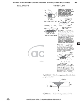 REQUISITOS DE REGLAMENTO PARA CONCRETO ESTRUCTURAL (ACI 318S-14) Y COMENTARIO (ACI 318SR-14) 265
REGLAMENTO COMENTARIO
American Concrete Institute — Copyrighted © Material—www.concrete.org
17
Fig. R17.5.2.1b — Cálculo de Vc
A para anclajes individuales
y grupos de anclajes
Fig. R17.5.2.1c — Fuerza cortante paralela a un borde
 