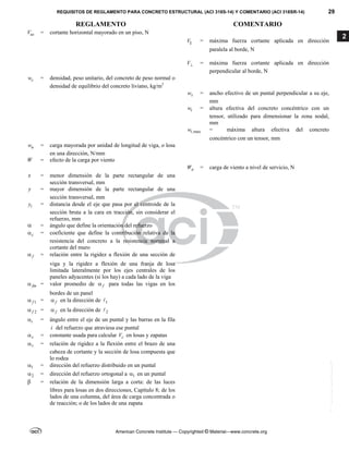 REQUISITOS DE REGLAMENTO PARA CONCRETO ESTRUCTURAL (ACI 318S-14) Y COMENTARIO (ACI 318SR-14) 29
REGLAMENTO COMENTARIO
American Concrete Institute — Copyrighted © Material—www.concrete.org
2
us
V = cortante horizontal mayorado en un piso, N
V = máxima fuerza cortante aplicada en dirección
paralela al borde, N
V = máxima fuerza cortante aplicada en dirección
perpendicular al borde, N
c
w = densidad, peso unitario, del concreto de peso normal o
densidad de equilibrio del concreto liviano, kg/m3
s
w = ancho efectivo de un puntal perpendicular a su eje,
mm
t
w = altura efectiva del concreto concéntrico con un
tensor, utilizado para dimensionar la zona nodal,
mm
,max
t
w = máxima altura efectiva del concreto
concéntrico con un tensor, mm
u
w = carga mayorada por unidad de longitud de viga, o losa
en una dirección, N/mm
W = efecto de la carga por viento
a
W = carga de viento a nivel de servicio, N
x = menor dimensión de la parte rectangular de una
sección transversal, mm
y = mayor dimensión de la parte rectangular de una
sección transversal, mm
t
y = distancia desde el eje que pasa por el centroide de la
sección bruta a la cara en tracción, sin considerar el
refuerzo, mm
 = ángulo que define la orientación del refuerzo
c
 = coeficiente que define la contribución relativa de la
resistencia del concreto a la resistencia nominal a
cortante del muro
f
 = relación entre la rigidez a flexión de una sección de
viga y la rigidez a flexión de una franja de losa
limitada lateralmente por los ejes centrales de los
paneles adyacentes (si los hay) a cada lado de la viga
fm
 = valor promedio de f
 para todas las vigas en los
bordes de un panel
1
f
 = f
 en la dirección de 1

2
f
 = f
 en la dirección de 2

i
 = ángulo entre el eje de un puntal y las barras en la fila
i del refuerzo que atraviesa ese puntal
s
 = constante usada para calcular c
V en losas y zapatas
v
 = relación de rigidez a la flexión entre el brazo de una
cabeza de cortante y la sección de losa compuesta que
lo rodea
1
 = dirección del refuerzo distribuido en un puntal
2
 = dirección del refuerzo ortogonal a 1
 en un puntal
 = relación de la dimensión larga a corta: de las luces
libres para losas en dos direcciones, Capítulo 8; de los
lados de una columna, del área de carga concentrada o
de reacción; o de los lados de una zapata
--`````,`,,`,,`,`,`,,``,`,,,`,,-`-`,,`,,`,`,,`---
 