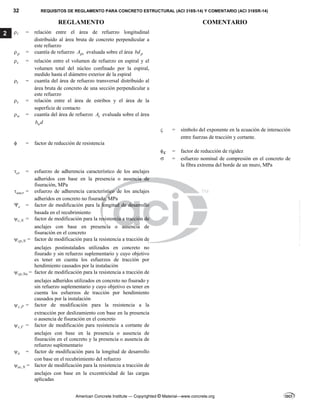 32 REQUISITOS DE REGLAMENTO PARA CONCRETO ESTRUCTURAL (ACI 318S-14) Y COMENTARIO (ACI 318SR-14)
REGLAMENTO COMENTARIO
American Concrete Institute — Copyrighted © Material—www.concrete.org
2  = relación entre el área de refuerzo longitudinal
distribuido al área bruta de concreto perpendicular a
este refuerzo
p
 = cuantía de refuerzo ps
A evaluada sobre el área p
bd
s
 = relación entre el volumen de refuerzo en espiral y el
volumen total del núcleo confinado por la espiral,
medido hasta el diámetro exterior de la espiral
t
 = cuantía del área de refuerzo transversal distribuido al
área bruta de concreto de una sección perpendicular a
este refuerzo
v
 = relación entre el área de estribos y el área de la
superficie de contacto
w
 = cuantía del área de refuerzo s
A evaluada sobre el área
w
b d
 = símbolo del exponente en la ecuación de interacción
entre fuerzas de tracción y cortante.
 = factor de reducción de resistencia
K
 = factor de reducción de rigidez
 = esfuerzo nominal de compresión en el concreto de
la fibra extrema del borde de un muro, MPa
cr
 = esfuerzo de adherencia característico de los anclajes
adheridos con base en la presencia o ausencia de
fisuración, MPa
uncr
 = esfuerzo de adherencia característico de los anclajes
adheridos en concreto no fisurado, MPa
c
 = factor de modificación para la longitud de desarrollo
basada en el recubrimiento
,
c N
 = factor de modificación para la resistencia a tracción de
anclajes con base en presencia o ausencia de
fisuración en el concreto
,
cp N
 = factor de modificación para la resistencia a tracción de
anclajes postinstalados utilizados en concreto no
fisurado y sin refuerzo suplementario y cuyo objetivo
es tener en cuenta los esfuerzos de tracción por
hendimiento causados por la instalación
,
cp Na
 = factor de modificación para la resistencia a tracción de
anclajes adheridos utilizados en concreto no fisurado y
sin refuerzo suplementario y cuyo objetivo es tener en
cuenta los esfuerzos de tracción por hendimiento
causados por la instalación
,
c P
 = factor de modificación para la resistencia a la
extracción por deslizamiento con base en la presencia
o ausencia de fisuración en el concreto
,
c V
 = factor de modificación para resistencia a cortante de
anclajes con base en la presencia o ausencia de
fisuración en el concreto y la presencia o ausencia de
refuerzo suplementario
e
 = factor de modificación para la longitud de desarrollo
con base en el recubrimiento del refuerzo
,
ec N
 = factor de modificación para la resistencia a tracción de
anclajes con base en la excentricidad de las cargas
aplicadas
--`````,`,,`,,`,`,`,,``,`,,,`,,-`-`,,`,,`,`,,`---
 