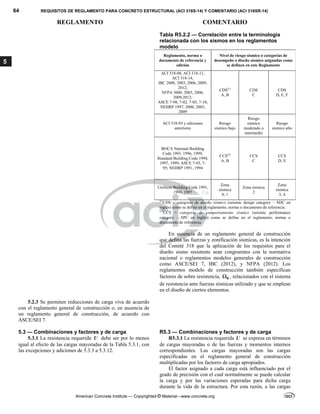 64 REQUISITOS DE REGLAMENTO PARA CONCRETO ESTRUCTURAL (ACI 318S-14) Y COMENTARIO (ACI 318SR-14)
REGLAMENTO COMENTARIO
American Concrete Institute — Copyrighted © Material—www.concrete.org
5
Tabla R5.2.2 — Correlación entre la terminología
relacionada con los sismos en los reglamentos
modelo
Reglamento, norma o
documento de referencia y
edición
Nivel de riesgo sísmico o categorías de
desempeño o diseño sísmico asignadas como
se definen en este Reglamento
ACI 318-08, ACI 318-11,
ACI 318-14;
IBC 2000, 2003, 2006, 2009,
2012;
NFPA 5000, 2003, 2006,
2009,2012;
ASCE 7-98, 7-02, 7-05, 7-10;
NEHRP 1997, 2000, 2003,
2009
CDS[1]
A, B
CDS
C
CDS
D, E, F
ACI 318-05 y ediciones
anteriores
Riesgo
sísmico bajo
Riesgo
sísmico
moderado o
intermedio
Riesgo
sísmico alto
BOCA National Building
Code 1993, 1996, 1999;
Standard Building Code 1994,
1997, 1999; ASCE 7-93, 7-
95; NEHRP 1991, 1994
CCS[2]
A, B
CCS
C
CCS
D; E
Uniform Building Code 1991,
1994, 1997
Zona
sísmica
0, 1
Zona sísmica
2
Zona
sísmica
3, 4
[1]
CDS = categoría de diseño sísmico (seismic design category – SDC en
inglés) como se define en el reglamento, norma o documento de referencia.
[2]
CCS = categoría de comportamiento sísmico (seismic performance
category – SPC en inglés) como se define en el reglamento, norma o
documento de referencia.
En ausencia de un reglamento general de construcción
que defina las fuerzas y zonificación sísmicas, es la intención
del Comité 318 que la aplicación de los requisitos para el
diseño sismo resistente sean congruentes con la normativa
nacional o reglamentos modelos generales de construcción
como ASCE/SEI 7, IBC (2012), y NFPA (2012). Los
reglamentos modelo de construcción también especifican
factores de sobre resistencia, 0
 , relacionados con el sistema
de resistencia ante fuerzas sísmicas utilizado y que se emplean
en el diseño de ciertos elementos.
5.2.3 Se permiten reducciones de carga viva de acuerdo
con el reglamento general de construcción o, en ausencia de
un reglamento general de construcción, de acuerdo con
ASCE/SEI 7.
5.3 — Combinaciones y factores y de carga R5.3 — Combinaciones y factores y de carga
5.3.1 La resistencia requerida U debe ser por lo menos
igual al efecto de las cargas mayoradas de la Tabla 5.3.1, con
las excepciones y adiciones de 5.3.3 a 5.3.12.
R5.3.1 La resistencia requerida U se expresa en términos
de cargas mayoradas o de las fuerzas y momentos internos
correspondientes. Las cargas mayoradas son las cargas
especificadas en el reglamento general de construcción
multiplicadas por los factores de carga apropiados.
El factor asignado a cada carga está influenciado por el
grado de precisión con el cual normalmente se puede calcular
la carga y por las variaciones esperadas para dicha carga
durante la vida de la estructura. Por esta razón, a las cargas
 