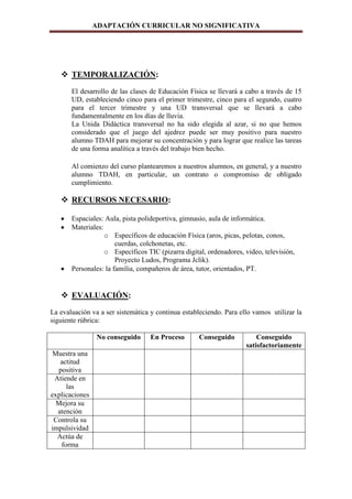 ADAPTACIÓN CURRICULAR NO SIGNIFICATIVA
 TEMPORALIZACIÓN:
El desarrollo de las clases de Educación Física se llevará a cabo a través de 15
UD, estableciendo cinco para el primer trimestre, cinco para el segundo, cuatro
para el tercer trimestre y una UD transversal que se llevará a cabo
fundamentalmente en los días de lluvia.
La Unida Didáctica transversal no ha sido elegida al azar, si no que hemos
considerado que el juego del ajedrez puede ser muy positivo para nuestro
alumno TDAH para mejorar su concentración y para lograr que realice las tareas
de una forma analítica a través del trabajo bien hecho.
Al comienzo del curso plantearemos a nuestros alumnos, en general, y a nuestro
alumno TDAH, en particular, un contrato o compromiso de obligado
cumplimiento.
 RECURSOS NECESARIO:
Espaciales: Aula, pista polideportiva, gimnasio, aula de informática.
Materiales:
o Específicos de educación Física (aros, picas, pelotas, conos,
cuerdas, colchonetas, etc.
o Específicos TIC (pizarra digital, ordenadores, video, televisión,
Proyecto Ludos, Programa Jclik).
Personales: la familia, compañeros de área, tutor, orientados, PT.
 EVALUACIÓN:
La evaluación va a ser sistemática y continua estableciendo. Para ello vamos utilizar la
siguiente rúbrica:
No conseguido En Proceso Conseguido Conseguido
satisfactoriamente
Muestra una
actitud
positiva
Atiende en
las
explicaciones
Mejora su
atención
Controla su
impulsividad
Actúa de
forma
 