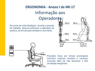 Do ponto de vista fisiológico, durante a jornada
de trabalha, deve-se promover a alteração da
postura, de em pé para sentado e vice-versa.
Posições fixas por tempo prolongado
solicitam maiores tensões e cansaço
muscular além de não favorecer a boa
circulação sangüínea.
Informação	
  aos	
  
Operadores	
  
ERGONOMIA	
  -­‐	
  Anexo	
  I	
  da	
  NR-­‐17	
  	
  
 
