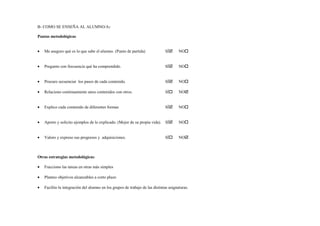 B- COMO SE ENSEÑA AL ALUMNO/A:
Pautas metodológicas
• Me aseguro qué es lo que sabe el alumno. (Punto de partida) SÍ NO
• Pregunto con frecuencia qué ha comprendido. SÍ NO
• Procuro secuenciar los pasos de cada contenido. SÍ NO
• Relaciono continuamente unos contenidos con otros. SÍ NO
• Explico cada contenido de diferentes formas SÍ NO
• Aporto y solicito ejemplos de lo explicado. (Mejor de su propia vida). SÍ NO
• Valoro y expreso sus progresos y adquisiciones. SÍ NO
Otras estrategias metodológicas:
• Fracciono las tareas en otras más simples
• Planteo objetivos alcanzables a corto plazo
• Facilito la integración del alumno en los grupos de trabajo de las distintas asignaturas.
 