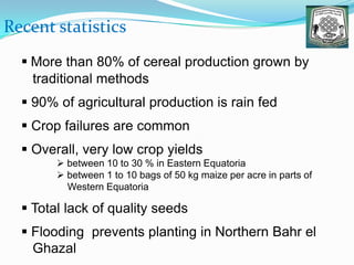 Recent statistics
 More than 80% of cereal production grown by
traditional methods
 90% of agricultural production is rain fed
 Crop failures are common
 Overall, very low crop yields
 between 10 to 30 % in Eastern Equatoria
 between 1 to 10 bags of 50 kg maize per acre in parts of
Western Equatoria
 Total lack of quality seeds
 Flooding prevents planting in Northern Bahr el
Ghazal
 