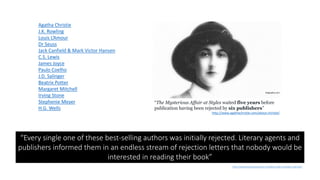 “Every single one of these best-selling authors was initially rejected. Literary agents and
publishers informed them in an endless stream of rejection letters that nobody would be
interested in reading their book”
http://www.literaryrejections.com/best-sellers-initially-rejected/
“The Mysterious Affair at Styles waited five years before
publication having been rejected by six publishers”
http://www.agathachristie.com/about-christie/
biography.com
Agatha Christie
J.K. Rowling
Louis L’Amour
Dr Seuss
Jack Canfield & Mark Victor Hansen
C.S. Lewis
James Joyce
Paulo Coelho
J.D. Salinger
Beatrix Potter
Margaret Mitchell
Irving Stone
Stephenie Meyer
H.G. Wells
 