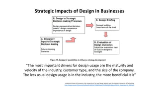 Strategic Impacts of Design in Businesses
e Helsinki School of Economics, the University of Art and Design Helsinki and the Helsinki University of Technology
http://www.muova.fi/documents/key20130416170946/Raportit%20ja%20julkaisut/MUSA_loppuraportti_2005.pdf
“The most important drivers for design usage are the maturity and
velocity of the industry, customer type, and the size of the company.
The less usual design usage is in the industry, the more beneficial it is”
 