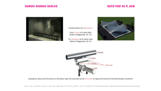 KANSEI across SCALES SUTD for SC @ JEM
Sosa, R., Lee, J.B., Albarran, D., Otto, K., Chia, H.M.L, Kabincalan, R.P., Poh, W.Y., Haruki, S., Toh, H.P., Clifford, M. K. (2013) Scaling Kansei in Engineering Product Development (forthcoming)
Varying the radius and the tension on the elastic rope, the assembly can be fine-tuned to capture the Kansei of the desired wave movement
Elastic rope
Transformation of a Mechanism
From: torsion of a steel cable
(Order of Magnitude: 10-1 m)
To: elongation of an elastic rope
(Order of Magnitude: 101 m)
 