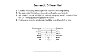 Semantic Differential
1. Create a scale using polar adjectives (opposite-meaning terms)
2. Use as a guide three dimensions: strength, value, and activity
3. Ask subjects to rate an object or concept, assigning a mark on one of the
five (or seven) spaces along each dimension
4. Positive and negative attributes should be varied from left to right
http://psychology.ucdavis.edu/sommerb/sommerdemo/scaling/semdiff.htm
 