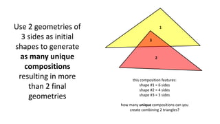 Use 2 geometries of
3 sides as initial
shapes to generate
as many unique
compositions
resulting in more
than 2 final
geometries
this composition features:
shape #1 = 6 sides
shape #2 = 4 sides
shape #3 = 3 sides
how many unique compositions can you
create combining 2 triangles?
3
2
1
 