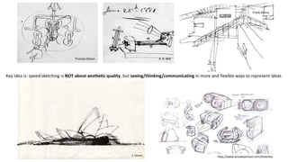 Thomas Edison
J. Utzon
Frank Gehry
http://www.brookbanham.com/sketches
A. G. Bell
Key idea is: speed sketching is NOT about aesthetic quality, but seeing/thinking/communicating in more and flexible ways to represent ideas
 