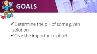 Determine the pH of some given
solution
Give the importance of pH
 
