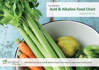The Definitive 
Acid & Alkaline Food Chart 
energiseforlife.com 
Definitive listsing of acid & alkaline foods in an easy to read, easy to print chart 
 