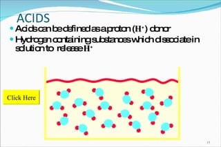 ACIDS Acids can be defined as a proton ( H + ) donor  Hydrogen containing substances which dissociate in solution to  release  H + Click Here 