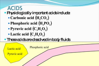 ACIDS Physiologically important acids include: Carbonic acid (H 2 CO 3 ) Phosphoric acid (H 3 PO 4 ) Pyruvic acid (C 3 H 4 O 3 ) Lactic acid (C 3 H 6 O 3 ) These acids are dissolved in body fluids Lactic acid Pyruvic acid Carbonic acid Phosphoric acid 