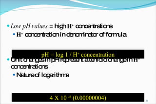 Low pH values  = high  H +  concentrations H +  concentration in denominator of formula Unit changes in pH represent a tenfold change in  H +  concentrations Nature of logarithms pH = log 1 /  H +  concentration 4 X 10  -8  (0.00000004) 