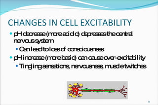 CHANGES IN CELL EXCITABILITY pH decrease (more acidic) depresses the central nervous system Can lead to loss of consciousness pH increase (more basic) can cause over-excitability Tingling sensations, nervousness, muscle twitches 
