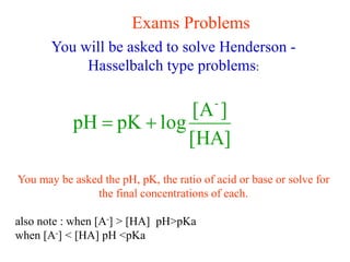 You will be asked to solve Henderson -
Hasselbalch type problems:
You may be asked the pH, pK, the ratio of acid or base or solve for
the final concentrations of each.
also note : when [A-] > [HA] pH>pKa
when [A-] < [HA] pH <pKa
Exams Problems
[HA]
]
[A
log
pK
pH
-


 