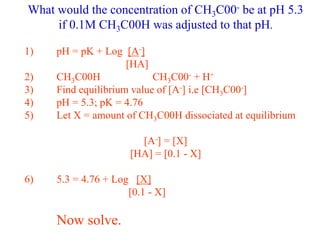 What would the concentration of CH3C00- be at pH 5.3
if 0.1M CH3C00H was adjusted to that pH.
1) pH = pK + Log [A-]
[HA]
2) CH3C00H CH3C00- + H+
3) Find equilibrium value of [A-] i.e [CH3C00-]
4) pH = 5.3; pK = 4.76
5) Let X = amount of CH3C00H dissociated at equilibrium
[A-] = [X]
[HA] = [0.1 - X]
6) 5.3 = 4.76 + Log [X]
[0.1 - X]
Now solve.
 