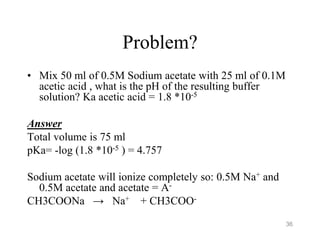 Problem?
• Mix 50 ml of 0.5M Sodium acetate with 25 ml of 0.1M
acetic acid , what is the pH of the resulting buffer
solution? Ka acetic acid = 1.8 *10-5
Answer
Total volume is 75 ml
pKa= -log (1.8 *10-5 ) = 4.757
Sodium acetate will ionize completely so: 0.5M Na+ and
0.5M acetate and acetate = A-
CH3COONa → Na+ + CH3COO-
36
 
