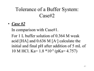 Tolerance of a Buffer System:
Case#2
• Case #2
In comparison with Case#1.
For 1 L buffer solution of 0.364 M weak
acid [HA] and 0.636 M [A-] calculate the
initial and final pH after addition of 5 mL of
10 M HCl. Ka= 1.8 *10-5 (pKa= 4.757)
41
 