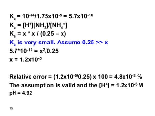 15
Ka = 10-14/1.75x10-5 = 5.7x10-10
Ka = [H+][NH3]/[NH4
+]
Ka = x * x / (0.25 – x)
Ka is very small. Assume 0.25 >> x
5.7*10-10 = x2/0.25
x = 1.2x10-5
Relative error = (1.2x10-5/0.25) x 100 = 4.8x10-3 %
The assumption is valid and the [H+] = 1.2x10-5 M
pH = 4.92
 