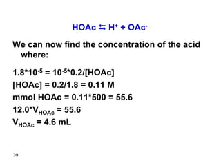 HOAc D H+ + OAc-
We can now find the concentration of the acid
where:
1.8*10-5 = 10-5*0.2/[HOAc]
[HOAc] = 0.2/1.8 = 0.11 M
mmol HOAc = 0.11*500 = 55.6
12.0*VHOAc = 55.6
VHOAc = 4.6 mL
39
 