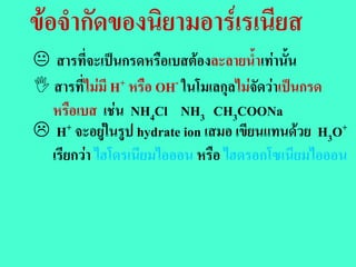 ขอจํากัดของนิยามอารเรเนียส
 สารที่จะเปนกรดหรือเบสตองละลายน้ําเทานั้น
 สารที่ไมมี H+ หรือ OH- ในโมเลกุลไมจัดวาเปนกรด
  หรือเบส เชน NH4Cl NH3 CH3COONa
 H+ จะอยูในรูป hydrate ion เสมอ เขียนแทนดวย H3O+
  เรียกวา ไฮโดรเนียมไอออน หรือ ไฮดรอกโซเนียมไอออน
 