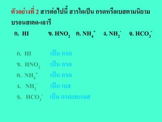 ตัวอยางที่ 2 สารตอไปนี้ สารใดเปน กรดหรือเบสตามนิยาม
บรอนสเตด-เลารี
 ก. HI          ข. HNO2 ค. NH4+ ง. NH2- จ. HCO3-

  ก.   HI      เปน กรด
  ข.   HNO2    เปน กรด
  ค.   NH4+    เปน กรด
  ง.   NH2-    เปน เบส
  จ.   HCO3-   เปน กรดและเบส
 