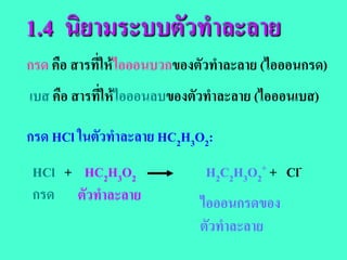 1.4 นิยามระบบตวทําละลาย
              ั
กรด คือ สารที่ใหไอออนบวกของตัวทําละลาย (ไอออนกรด)
เบส คือ สารที่ใหไอออนลบของตัวทําละลาย (ไอออนเบส)

กรด HCl ในตัวทําละลาย HC2H3O2:
HCl + HC2H3O2                H2C2H3O2+ + Cl-
กรด ตัวทําละลาย             ไอออนกรดของ
                            ตัวทําละลาย
 