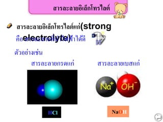 สารละลายอิเล็กโทรไลต์แก่(strong
electrolyte)
สารละลายอิเล็กโทรไลต์
คือ สารละลายที่นาไฟฟ้าได้ดี
ตัวอย่างเช่น
HCl
สารละลายกรดแก่
NaOH
สารละลายเบสแก่
 