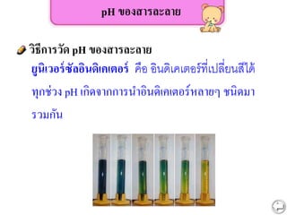 ยูนิเวอร์ซัลอินดิเคเตอร์ คือ อินดิเคเตอร์ที่เปลี่ยนสีได้
ทุกช่วง pH เกิดจากการนาอินดิเคเตอร์หลายๆ ชนิดมา
รวมกัน
pH ของสารละลาย
วิธีการวัด pH ของสารละลาย
 