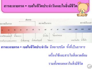 สารละลายกรด - เบสในชีวิตประจาวันและในสิ่งมีชีวิต
สารละลายกรด - เบสในชีวิตประจาวัน มีหลายชนิด ทั้งที่เป็นอาหาร
เครื่องใช้และสารในสิ่งแวดล้อม
รวมทั้งของเหลวในสิ่งมีชีวิต
 