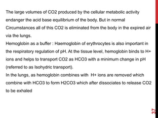 37
The large volumes of CO2 produced by the cellular metabolic activity
endanger the acid base equilibrium of the body. But in normal
Circumstances all of this CO2 is eliminated from the body in the expired air
via the lungs.
Hemoglobin as a buffer : Haemoglobin of erythrocytes is also important in
the respiratory regulation of pH. At the tissue level, hemoglobin binds to H+
ions and helps to transport CO2 as HCO3 with a minimum change in pH
(referred to as Isohydric transport).
In the lungs, as hemoglobin combines with H+ ions are removed which
combine with HCO3 to form H2CO3 which after dissociates to release CO2
to be exhaled
 