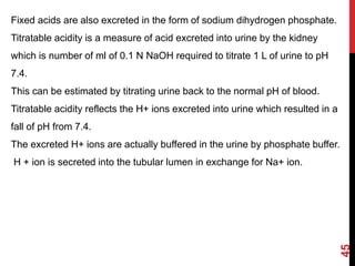 45
Fixed acids are also excreted in the form of sodium dihydrogen phosphate.
Titratable acidity is a measure of acid excreted into urine by the kidney
which is number of ml of 0.1 N NaOH required to titrate 1 L of urine to pH
7.4.
This can be estimated by titrating urine back to the normal pH of blood.
Titratable acidity reflects the H+ ions excreted into urine which resulted in a
fall of pH from 7.4.
The excreted H+ ions are actually buffered in the urine by phosphate buffer.
H + ion is secreted into the tubular lumen in exchange for Na+ ion.
 