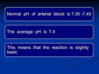 Normal pH of arterial blood is 7.35 -7.45
The average pH is 7.4
This means that the reaction is slightly
basic
 